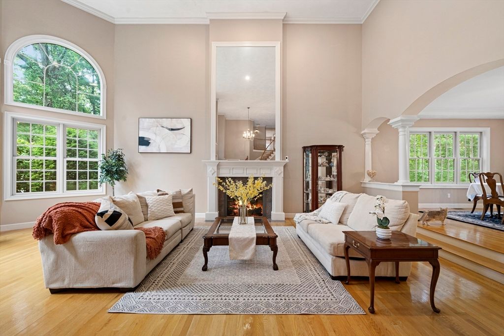 Fireplace, Interior, Living room, Pendant Lights, Wood Texture Flooring