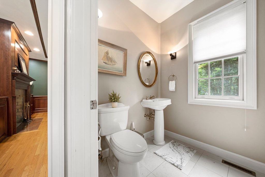 Bathroom, Fireplace, Interior, Recessed Lighting, Wood Texture Flooring