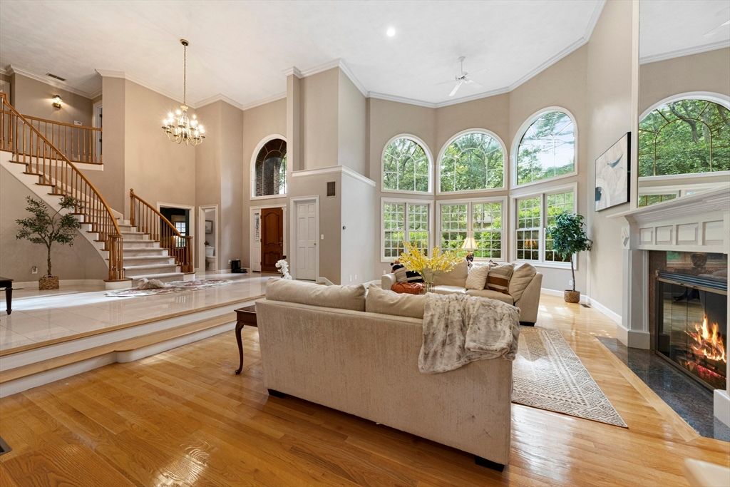 Chandelier, Fireplace, Interior, Living room, Recessed Lighting, Wood Texture Flooring