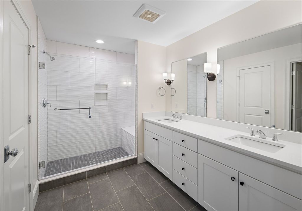 Bathroom, Dual Sink Vanities, Glass Shower, Interior, Recessed Lighting