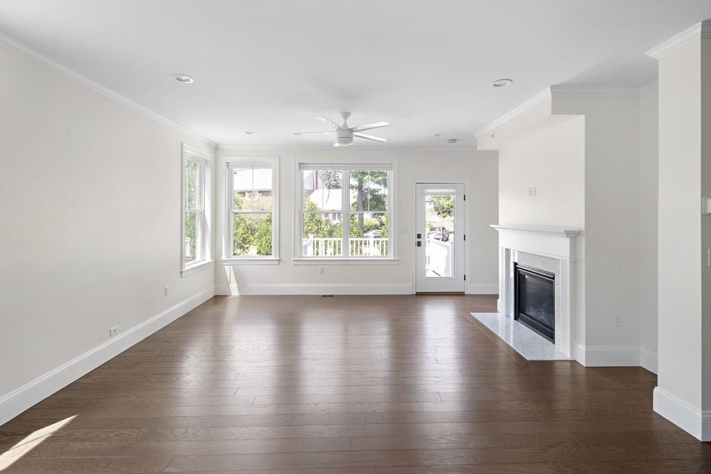 Empty room, Fireplace, Interior, Recessed Lighting, Wood Texture Flooring
