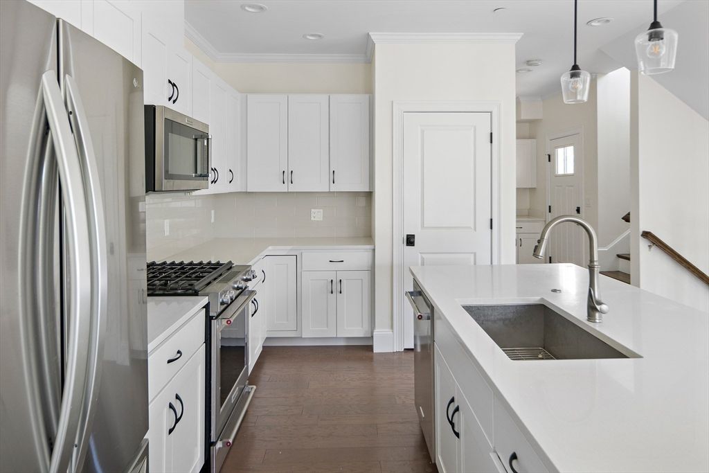 Interior, Kitchen, Pendant Lights, Recessed Lighting, Stainless Steel Appliances, Wood Texture Flooring
