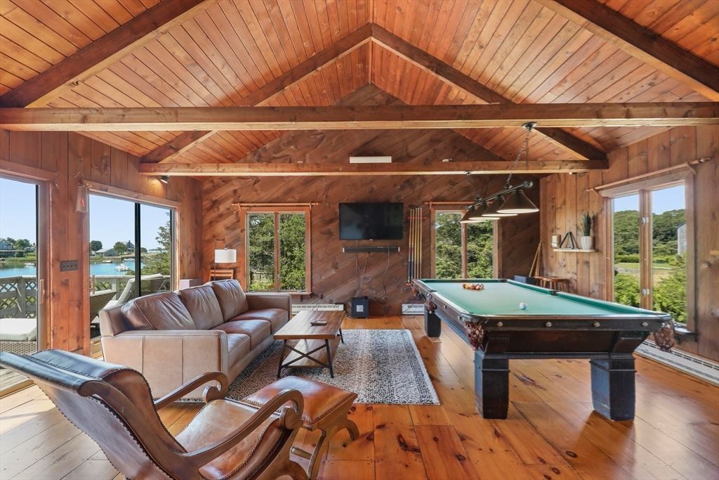 Billiard Table, Game Room, Interior, Living room, Pendant Lights, Water, Wooden Beams, Wooden Ceilings, Wood Texture Flooring, Wooden Walls