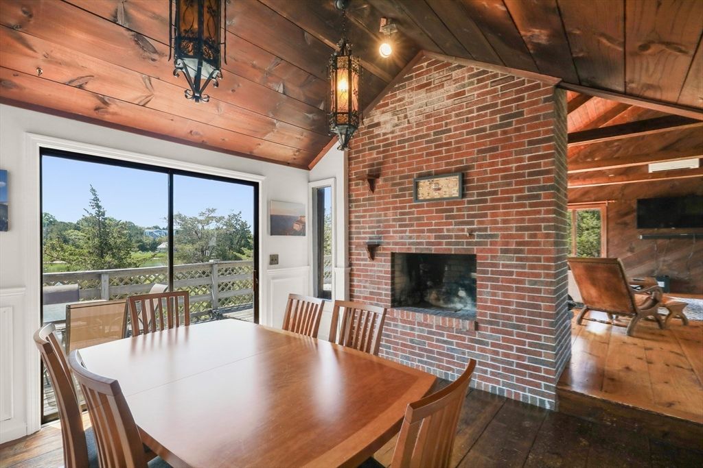 Dining room, Fireplace, Interior, Stone Walls, Wooden Beams, Wooden Ceilings, Wood Texture Flooring