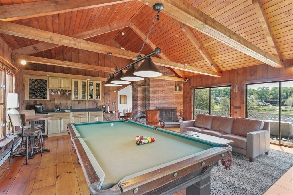 Billiard Table, Fireplace, Game Room, Interior, Kitchen, Living room, Pendant Lights, Stone Walls, Wooden Beams, Wooden Ceilings, Wood Texture Flooring, Wooden Walls