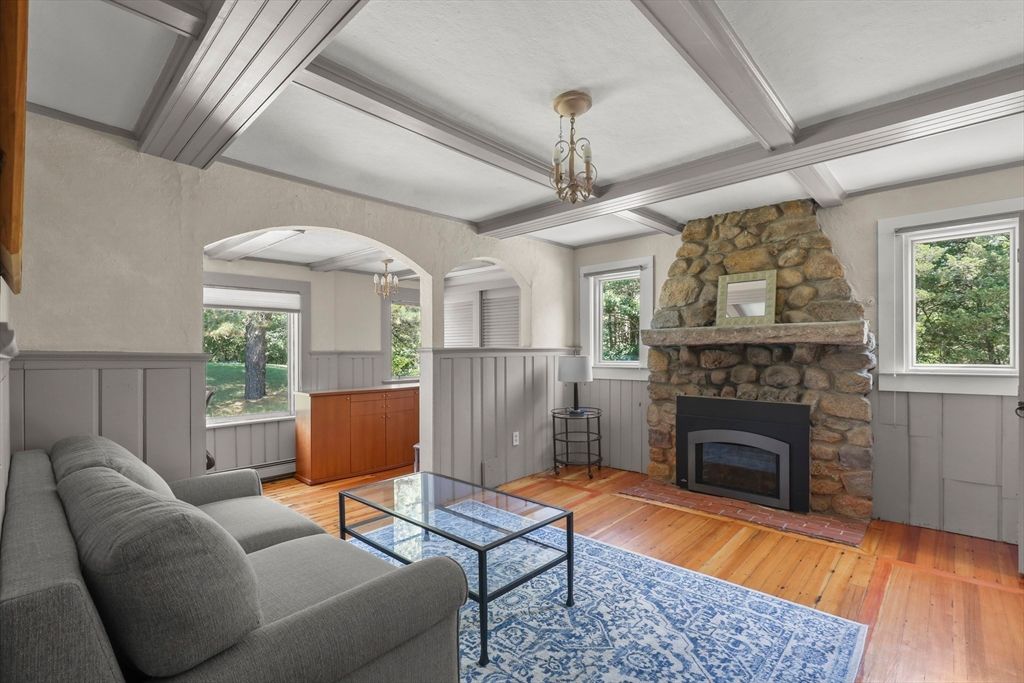 Fireplace, Interior, Living room, Stone Walls, Wood Texture Flooring