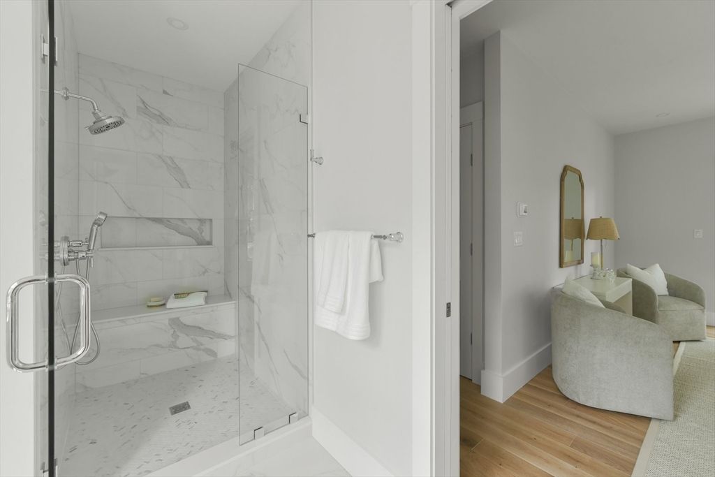 Bathroom, Glass Shower, Interior, Marble Walls, Wood Texture Flooring
