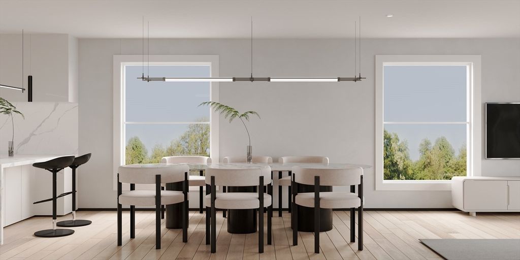 Dining room, Interior, Pendant Lights, Wood Texture Flooring