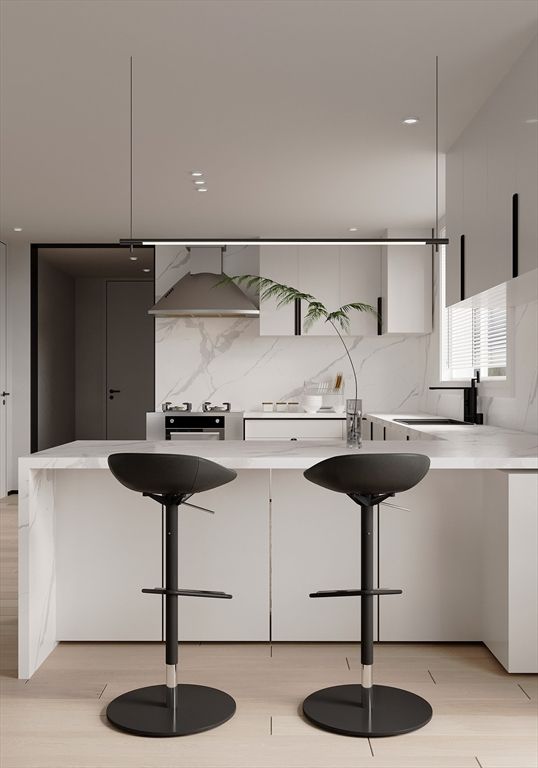 Interior, Kitchen, Marble Walls, Pendant Lights, Recessed Lighting, Wood Texture Flooring