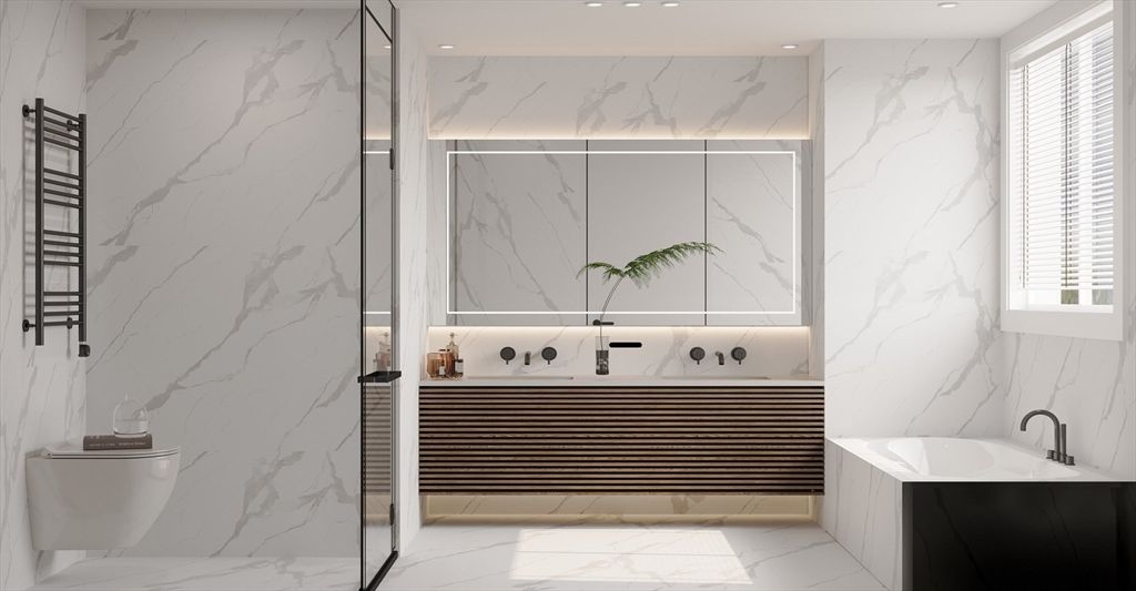 Bathroom, Interior, Marble, Marble Walls, Recessed Lighting