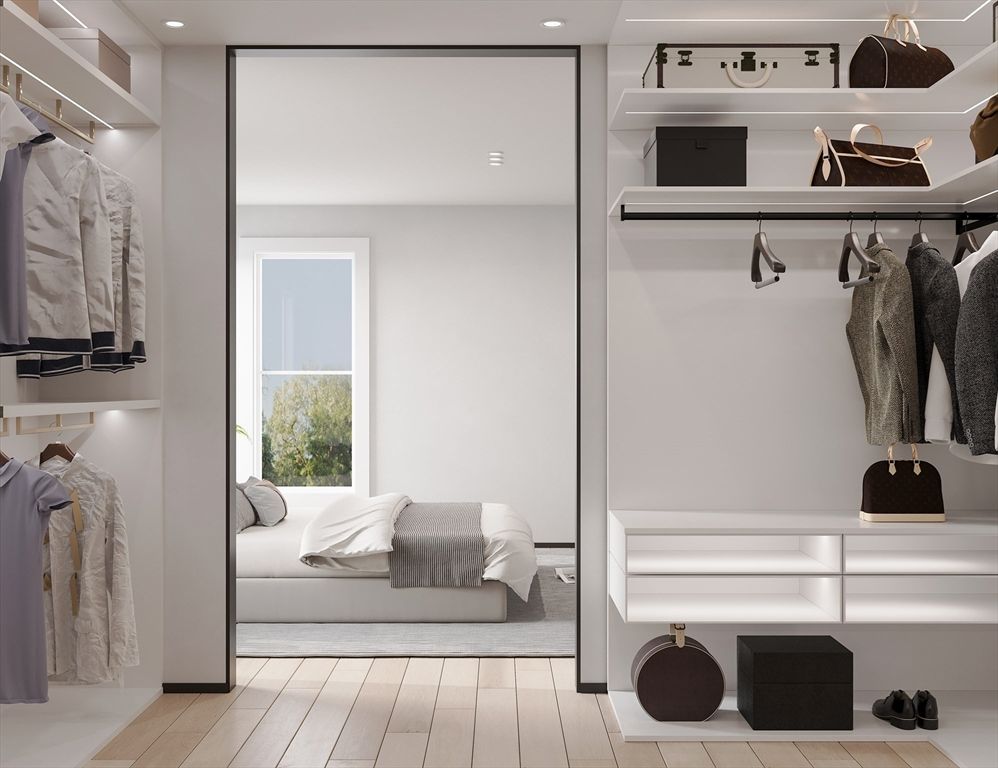Bedroom, Interior, Recessed Lighting, Wood Texture Flooring