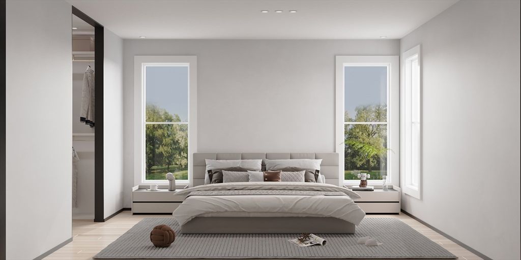 Bedroom, Interior, Recessed Lighting, Wood Texture Flooring