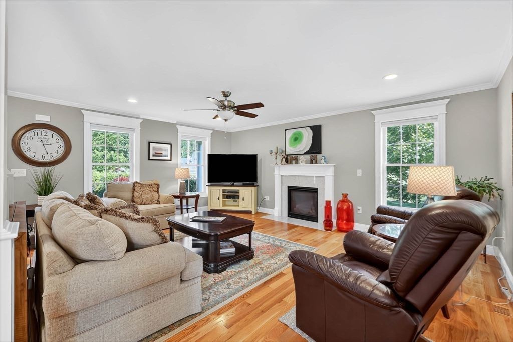 Fireplace, Interior, Living room, Recessed Lighting, Wood Texture Flooring