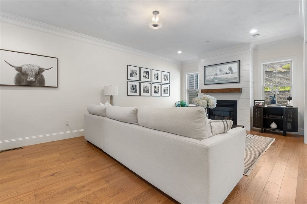 Fireplace, Interior, Living room, Recessed Lighting, Wood Texture Flooring