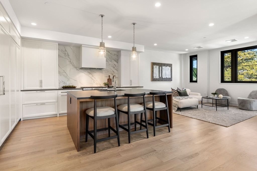 Interior, Living room, Marble Walls, Pendant Lights, Recessed Lighting, Wood Texture Flooring