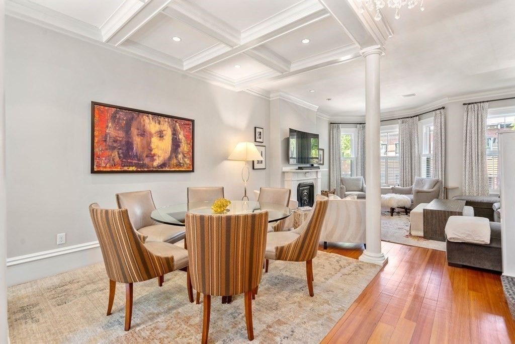 Dining room, Fireplace, Interior, Living room, Recessed Lighting, Wood Texture Flooring