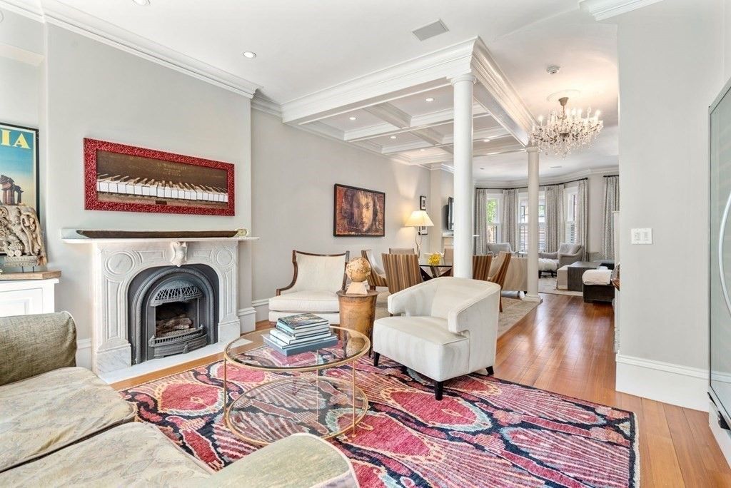 Chandelier, Fireplace, Interior, Living room, Recessed Lighting, Wood Texture Flooring