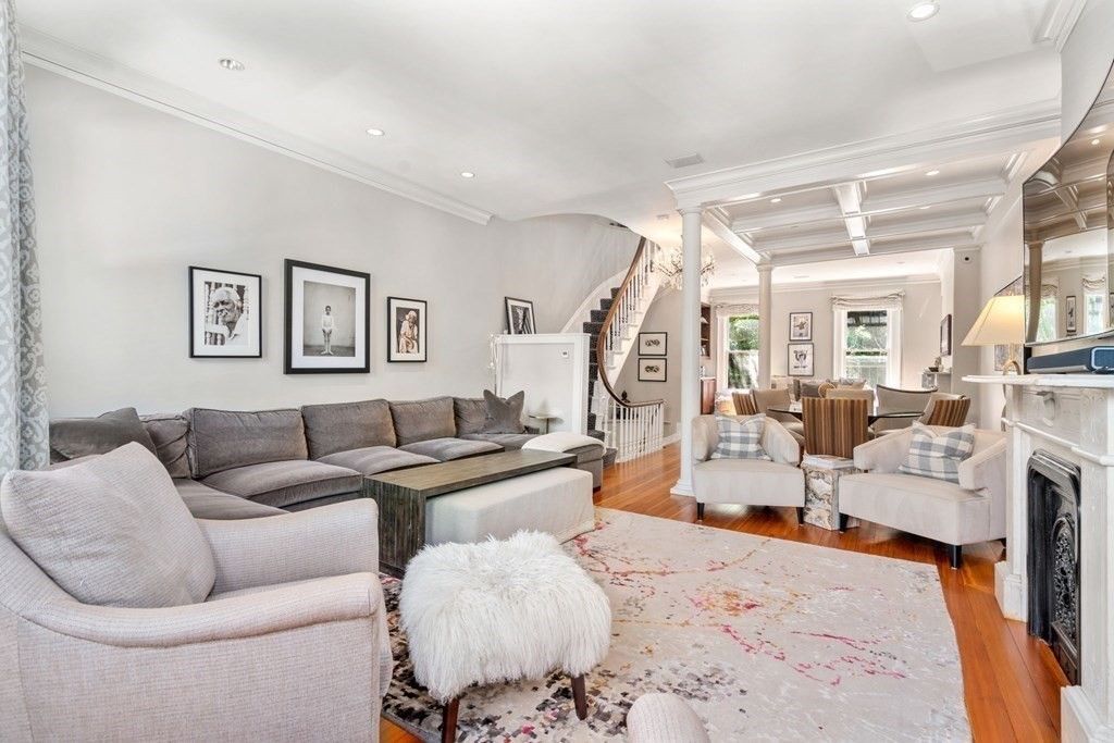 Dining room, Fireplace, Interior, Living room, Recessed Lighting, Wood Texture Flooring