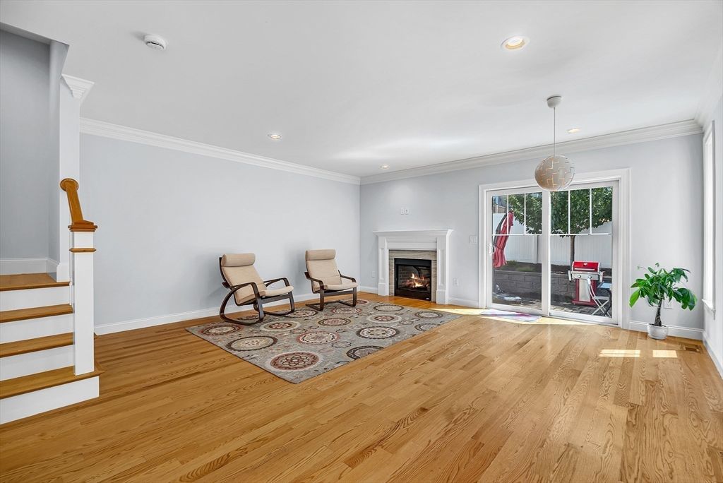 Fireplace, Interior, Pendant Lights, Recessed Lighting, Wood Texture Flooring