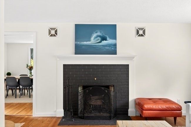 Dining room, Fireplace, Interior, Wood Texture Flooring