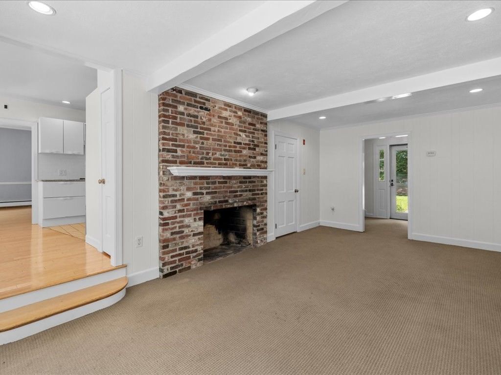 Empty room, Fireplace, Interior, Recessed Lighting, Stone Walls