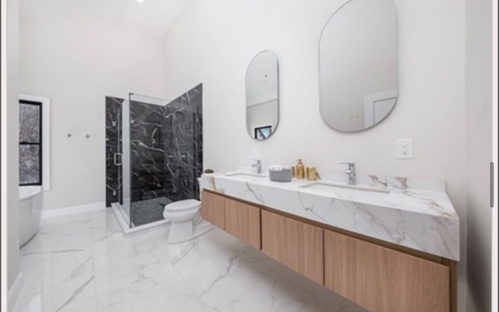 Bathroom, Dual Sink Vanities, Interior, Marble, Marble Walls, Recessed Lighting
