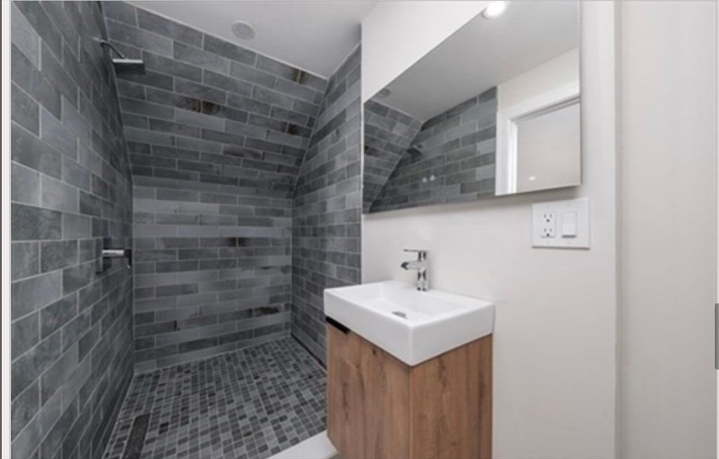 Bathroom, Glass Shower, Interior, Recessed Lighting, Stone Walls
