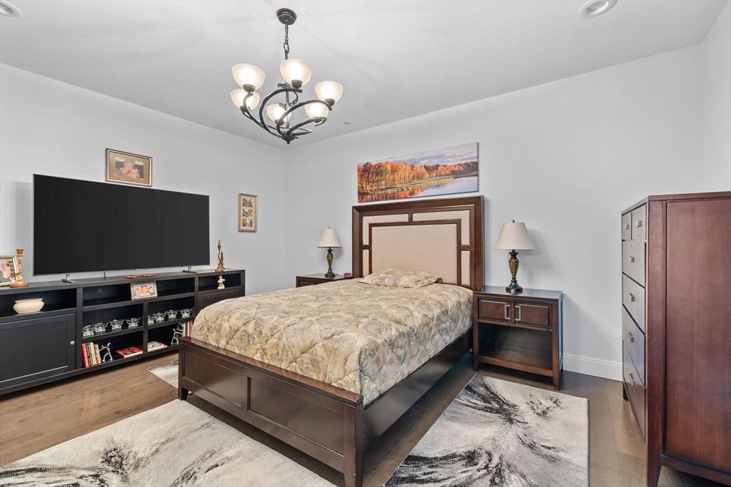 Bedroom, Chandelier, Interior, Wood Texture Flooring