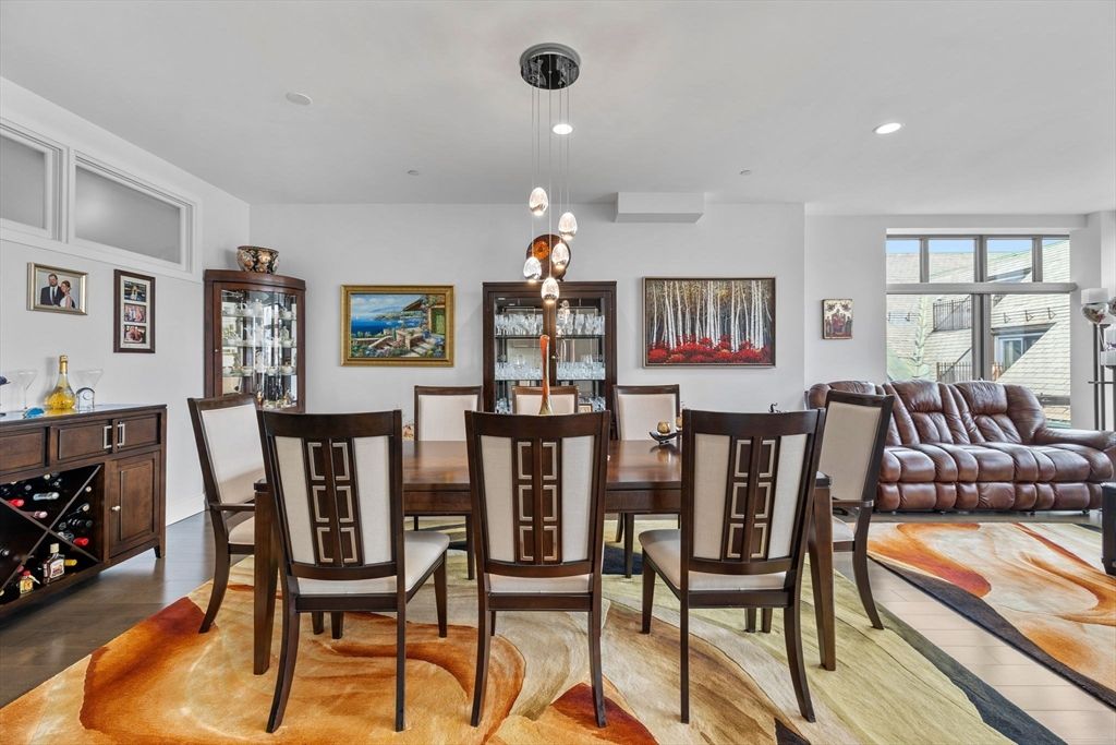 Dining room, Interior, Living room, Pendant Lights, Recessed Lighting, Wood Texture Flooring