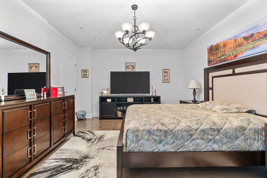 Bedroom, Chandelier, Interior, Recessed Lighting, Wood Texture Flooring