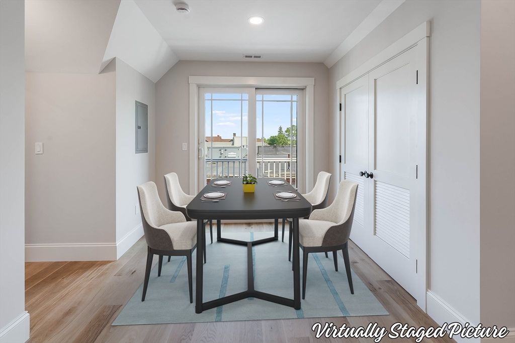 Dining room, Interior, Recessed Lighting, Wood Texture Flooring