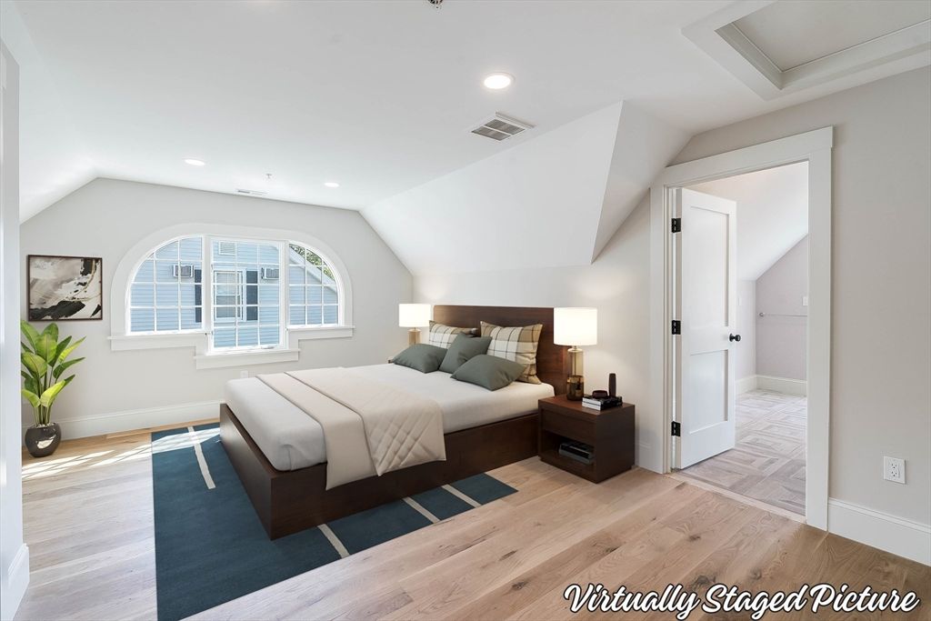 Bedroom, Interior, Recessed Lighting, Wood Texture Flooring