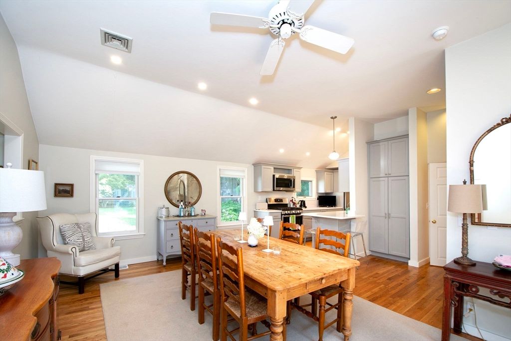 Dining room, Interior, Kitchen, Living room, Pendant Lights, Recessed Lighting, Stainless Steel Appliances, Wood Texture Flooring
