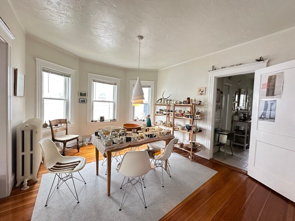 Dining room, Interior, Pendant Lights, Wood Texture Flooring