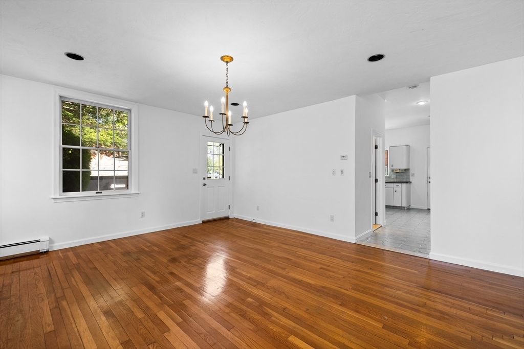 Chandelier, Empty room, Interior, Recessed Lighting, Wood Texture Flooring