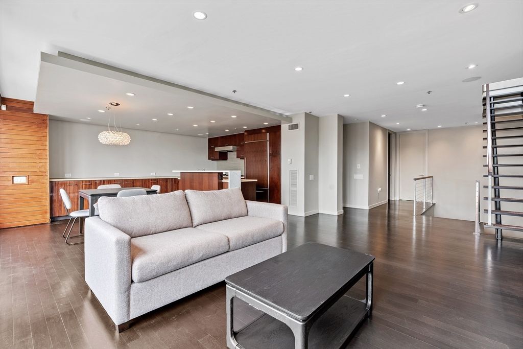 Chandelier, Dining room, Interior, Kitchen, Living room, Pendant Lights, Recessed Lighting, Wood Texture Flooring, Wooden Walls