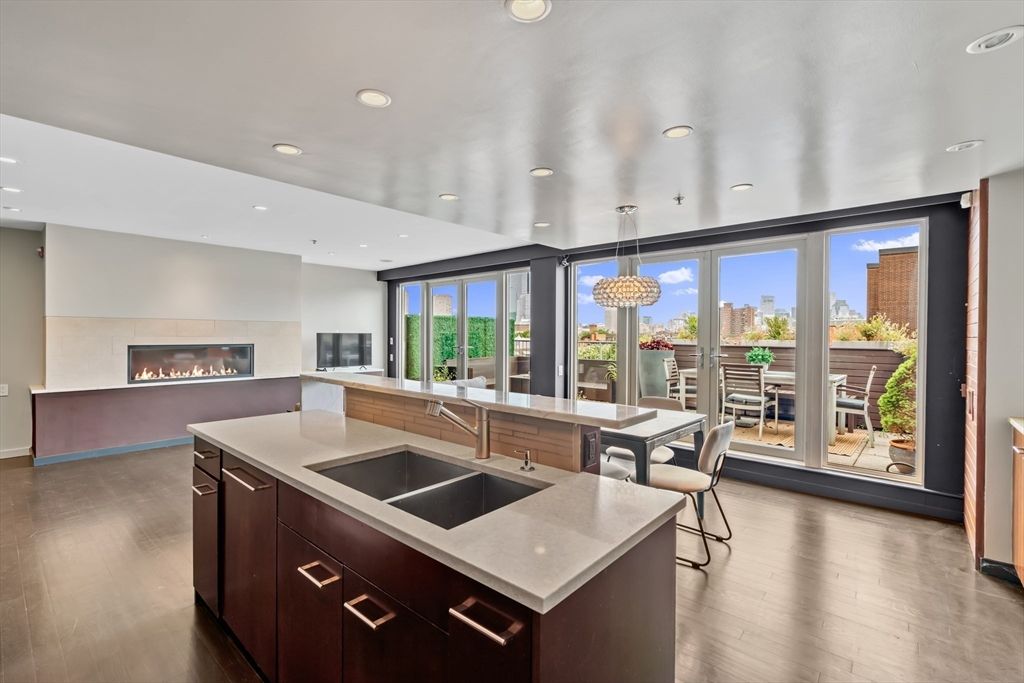 Dining room, Fireplace, Interior, Kitchen, Pendant Lights, Recessed Lighting, Wood Texture Flooring