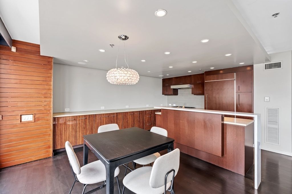 Dining room, Interior, Kitchen, Pendant Lights, Recessed Lighting, Wood Texture Flooring, Wooden Walls
