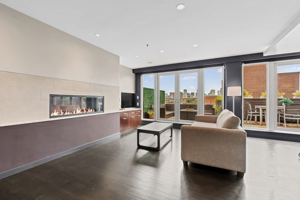 Fireplace, Interior, Living room, Recessed Lighting, Wood Texture Flooring