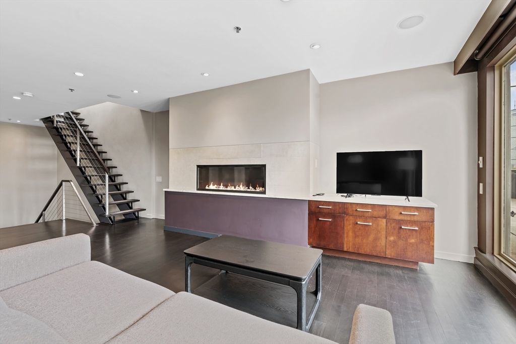 Fireplace, Interior, Recessed Lighting, Wood Texture Flooring