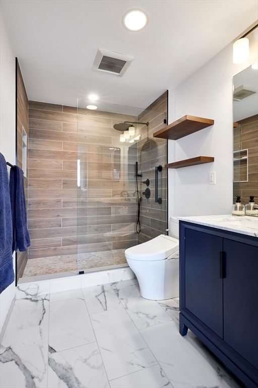 Bathroom, Glass Shower, Interior, Marble, Recessed Lighting, Wooden Walls