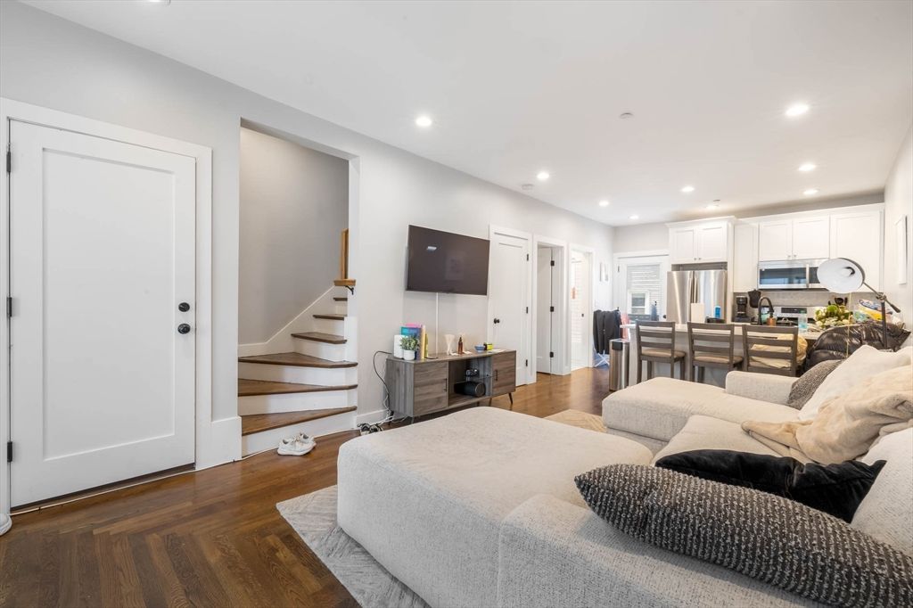 Interior, Kitchen, Living room, Recessed Lighting, Stainless Steel Appliances, Wood Texture Flooring