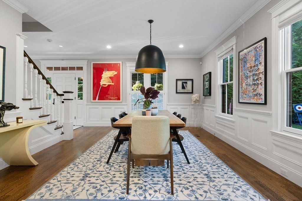 Dining room, Interior, Pendant Lights, Recessed Lighting, Wood Texture Flooring