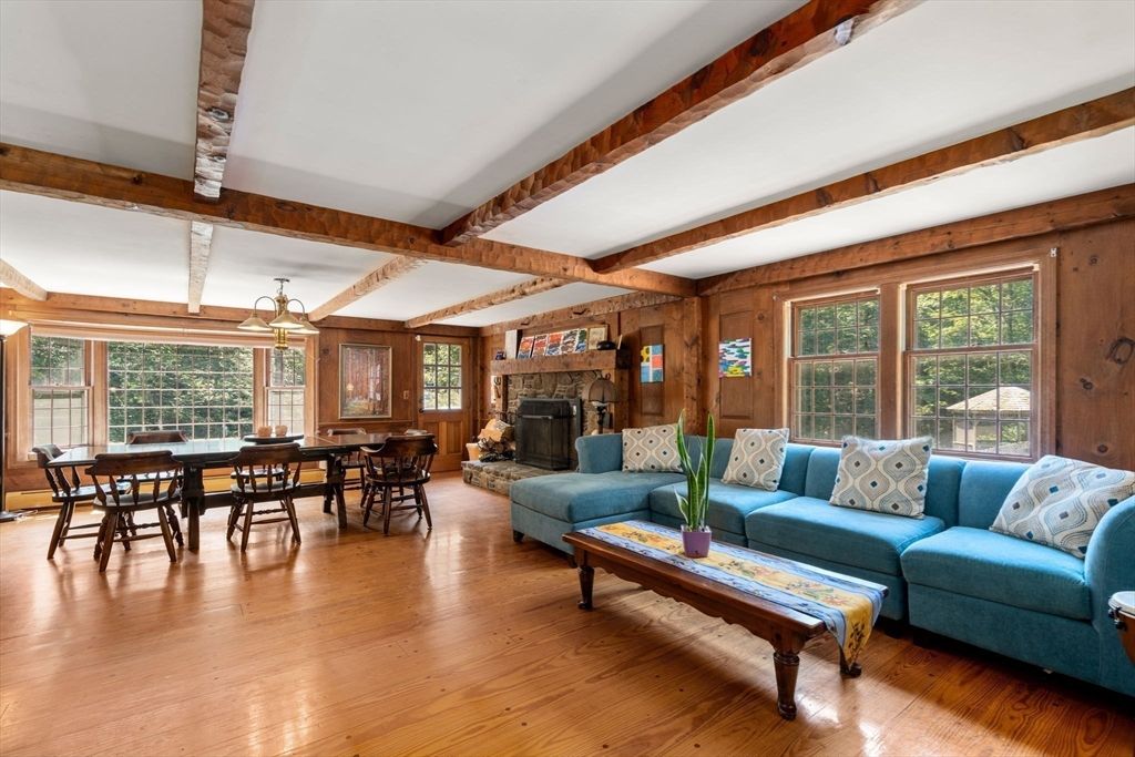 Dining room, Fireplace, Interior, Living room, Wooden Beams, Wood Texture Flooring, Wooden Walls