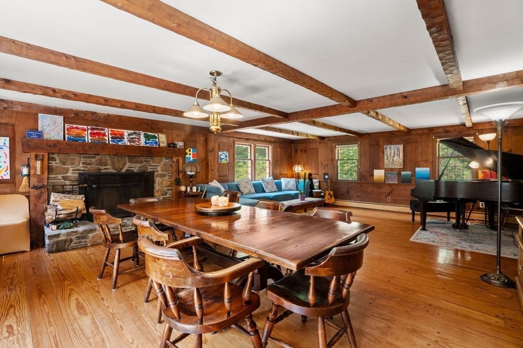 Dining room, Fireplace, Interior, Living room, Pendant Lights, Piano, Wooden Beams, Wood Texture Flooring, Wooden Walls