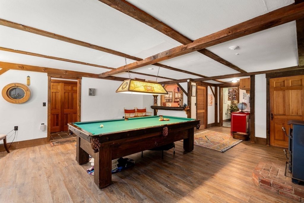 Billiard Table, Game Room, Interior, Pendant Lights, Recessed Lighting, Wooden Beams, Wood Texture Flooring
