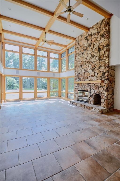 Empty room, Fireplace, Interior, Stone Walls, Sun Room, Wooden Beams
