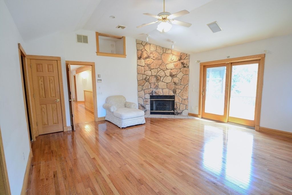 Empty room, Fireplace, Interior, Stone Walls, Wood Texture Flooring