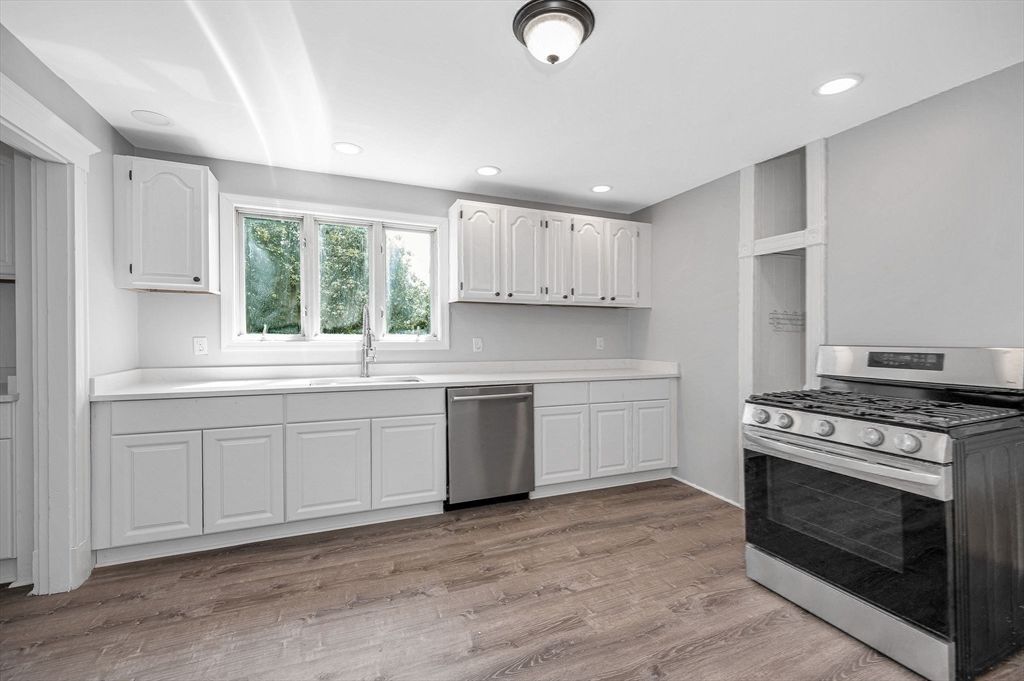 Interior, Kitchen, Recessed Lighting, Stainless Steel Appliances, Wood Texture Flooring