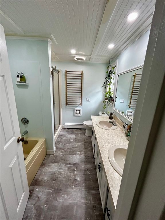 Bathroom, Dual Sink Vanities, Interior, Recessed Lighting, Wood Texture Flooring